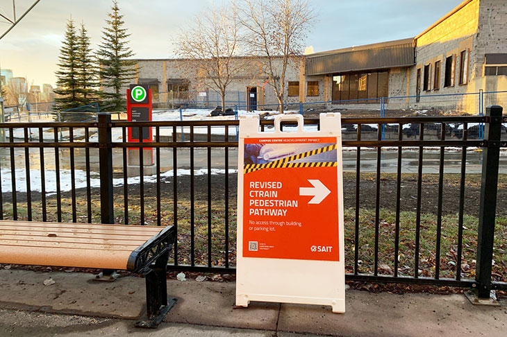 Construction signage outside Campus Centre directing to alternate pathway to the ctrain 
