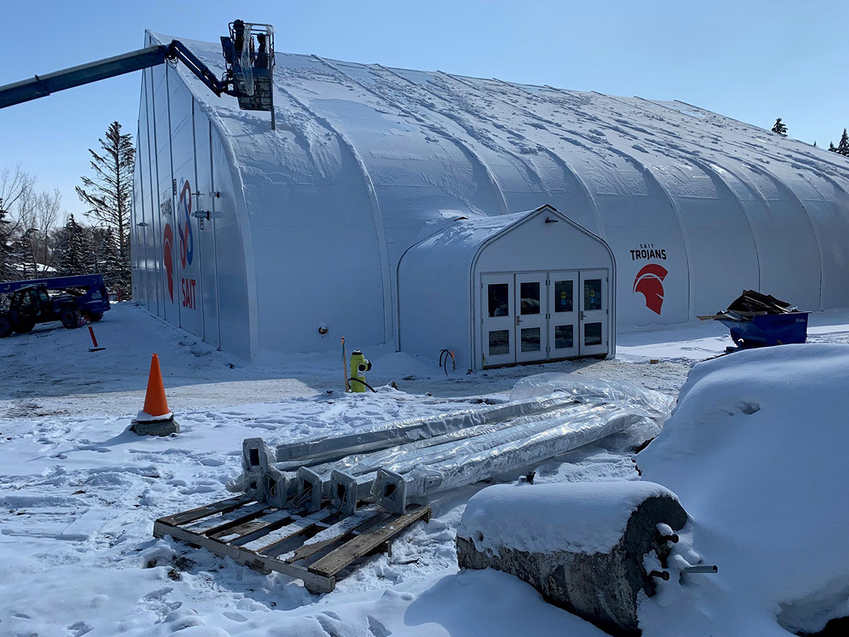 Large tent structure in winter in a construction site