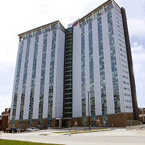 The outside of the Begin Tower Residence on SAIT campus.