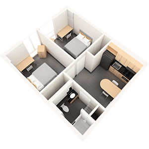 Floor plan of a two-bedroom unit in the Begin Tower.