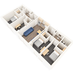 The floorplan of a four bedroom, two bathroom unit in East Hall residence.