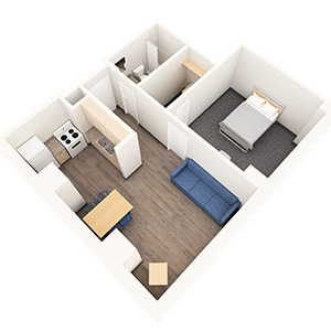The floor plan of a one bedroom, one bathroom unit in East Hall residence.