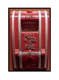 A red fire alarm pull station