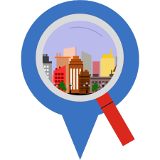 a location pin with a magnifying glass in the centre