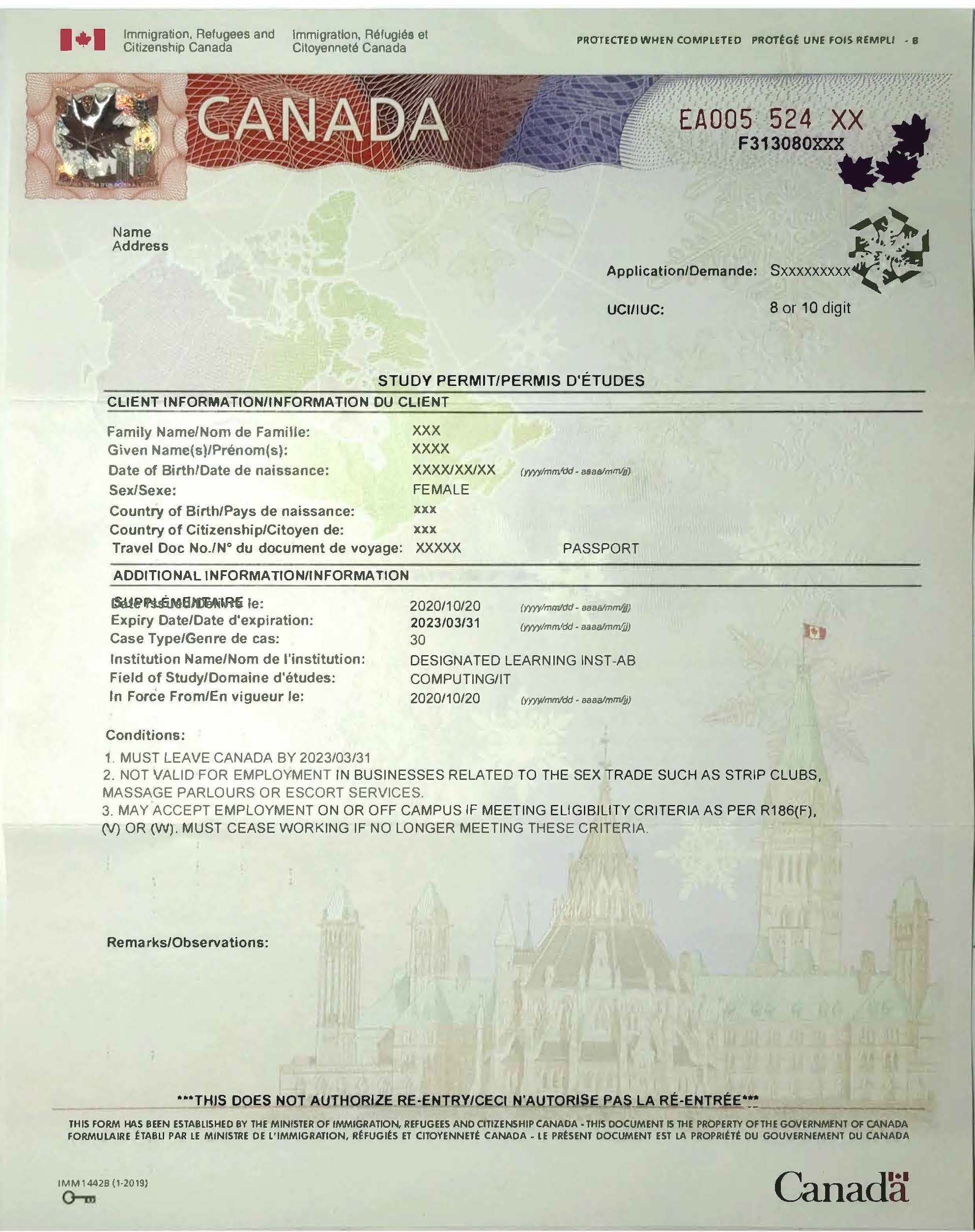 An example of a Canadian study permit