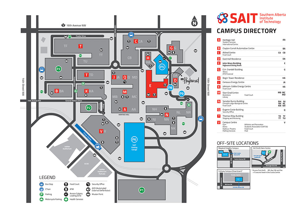 A map of SAIT campus with parking locations for Highwood patrons highlighted.