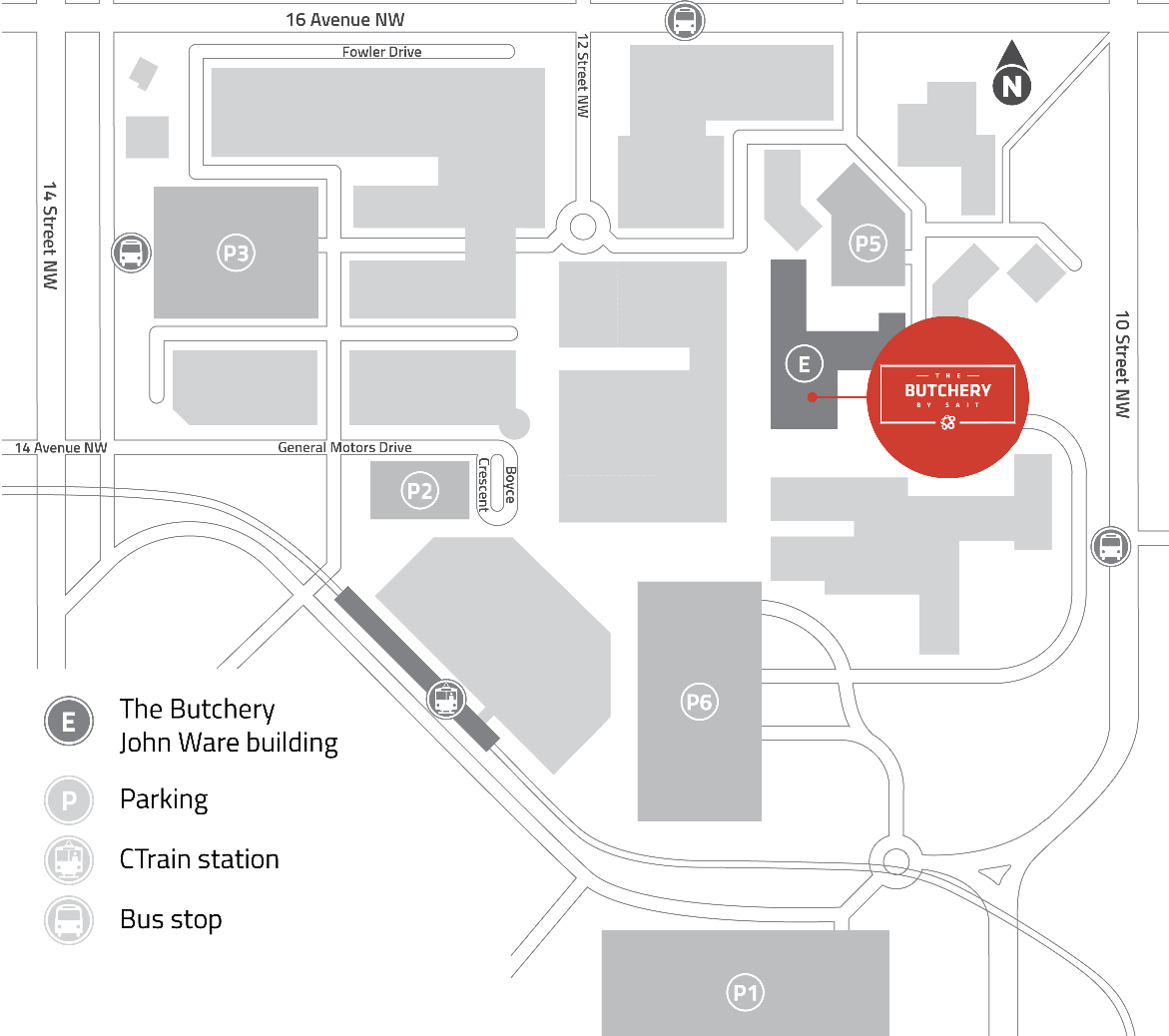 SAIT campus map with the location of The Butchery highlighted.