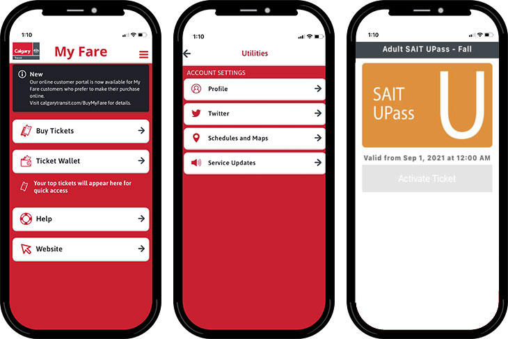 My Fare app and UPass mobile screen shots