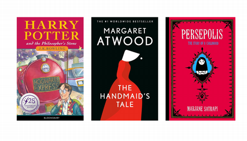 Book covers of 3 banned books: Harry Potter, the handmaid's tale andpersepolis.