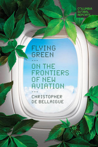 Book cover for flying green with an illustration of the inside of an airplane window with green leaves around it.