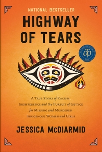Book cover of Highway of Tears, with an orange cover and a large indigenous eye with eyelashes on the front.al background