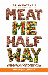 Book cover for meat me halfway with half od the words made of meat and half made of vegetables.