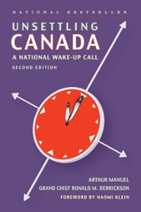 Book cover of Unsettling Canada, with purple cover, red clock face and arrows on front.