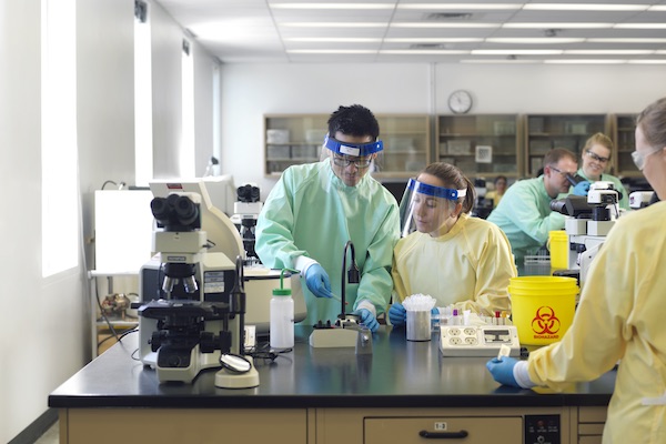 People in a lab wearing safety shields